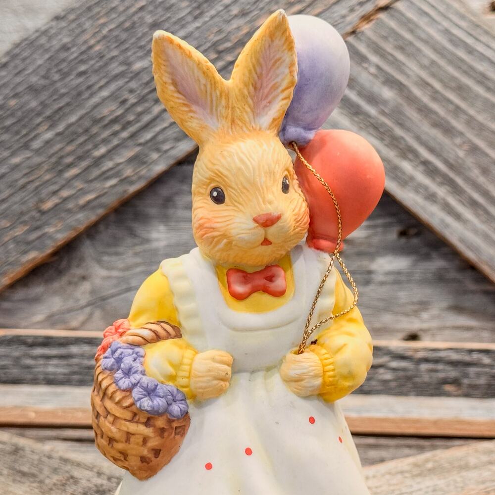 1987 Vintage Lefton-Ceramic Bisque Bunny-Balloons and Basket of a Flowers-5.5”H